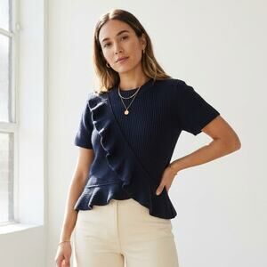 SEA Navy Ruffle Ribbed Wrap Wool Short Sleeve Sweater Top, size S